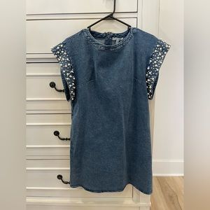 Denim Shirt Dress with Pearl Detailing